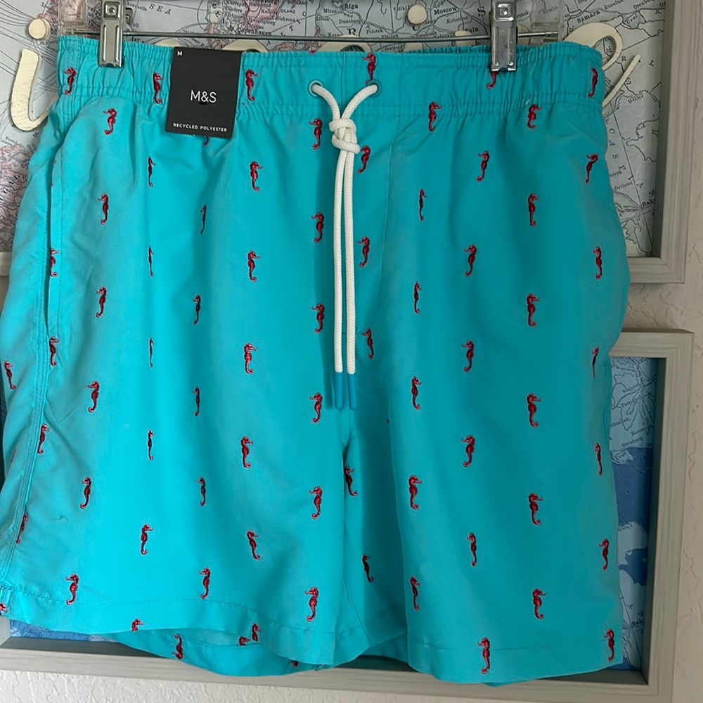 Marks & Spencer Turquoise Swim Trunks with Red Seahorse Print